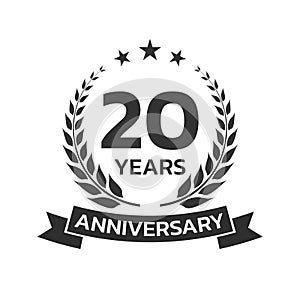 20 years anniversary laurel wreath logo or icon. Jubilee, birthday badge, label or emblem. 20th celebration design element.